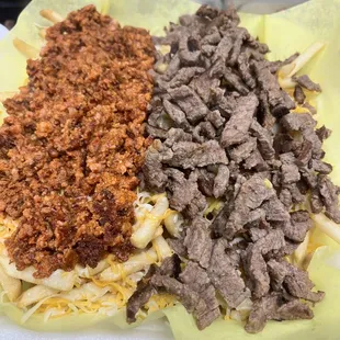 asada fríes and chorizo guacamole and cheese