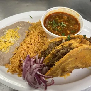 Two Birria Tacos Rice and Beans and Consome Combo