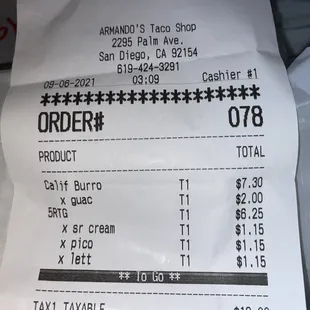 Receipt. Menu.