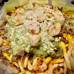 Carne Asada fries w/ shrimp