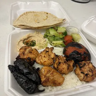 Chicken Kebab Plate with romaine salad and hummus