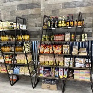 shelves of condiments and condiments
