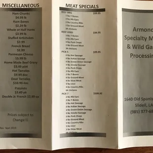 a menu for a meal