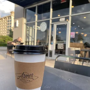 Small jasmine honey latte and outdoor seating