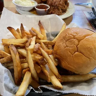 Pulled pork with gluten-free bun and fries