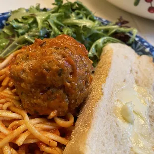 Spaghetti and Meatballs Bread and butter Tossed Salad