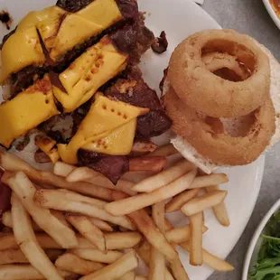 Hickory burger with fries and onions rings