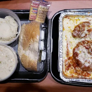 Stuffed Eggplant, Clam Chowder, and Mashed Potatoes. I can&apos;t believe I didn&apos;t know about this place!