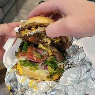 Inside a double cheeseburger