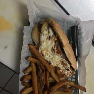 a hot dog and french fries