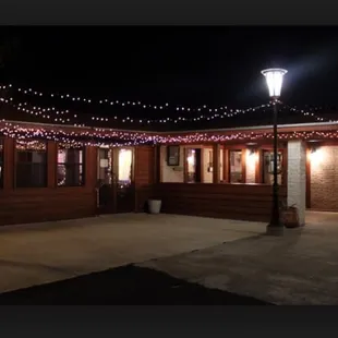 the outside of the building at night