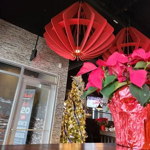 a vase of poinsettis and a christmas tree