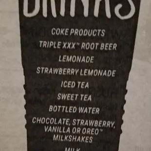 List of drinks...no prices listed.  Shakes are $5.99 each!