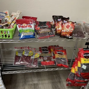 a shelf full of snacks