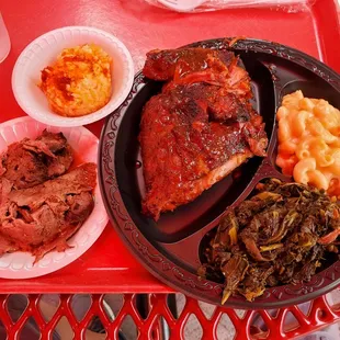 Ribs, roast beef, Mac and cheese, cauliflower casserole, collard greens