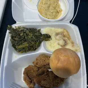 Fried Catfish, Turnip Greens, Mashed Potatoes, Mac &amp; Cheese