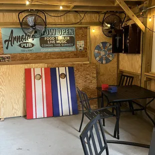 Darts, cornhole, horseshoes