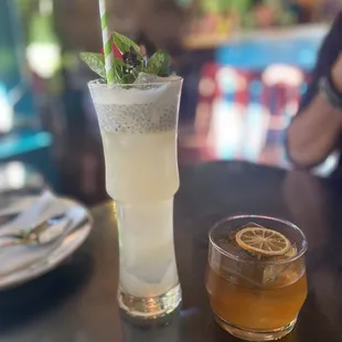 a tall glass of iced tea and a lemonade