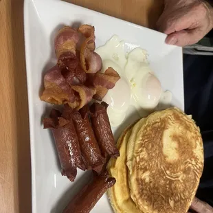 Pancakes, sausage and bacon.