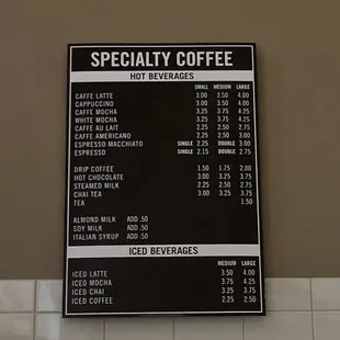 Coffee menu