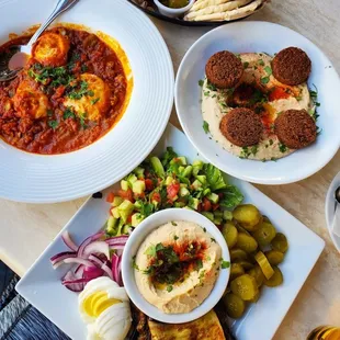 Hummus and Shakshuka and Mediterranean plate