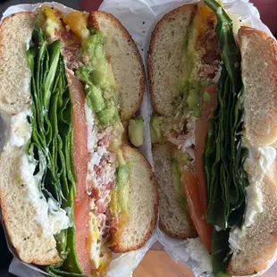 Breakfast Bagel with Egg, Cheese, bacon, tomato, spinach, avocado