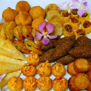 Assorted Tapas / Appetizers, including Yucca &amp; Cheese Bocadillos [Nicaragua], Quibes [Brazil], Polenta Cups w Olive Tapenade.