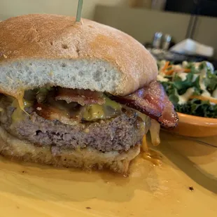 Bourbon Burger w/ a side of Veggie Slaw! Super good, you can really taste the bourbon and the burgers are cooked to your liking!