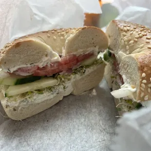 Veggie bagel, herb cream cheese sesame bagel