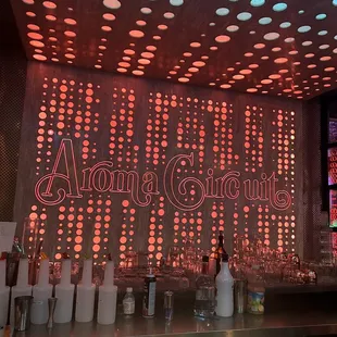 a bar with a lot of lights on the ceiling