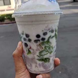 Taro coconut milk drink with pandan jelly