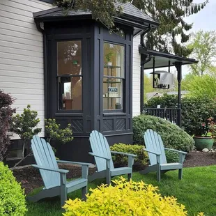 There is seating outside. This one of several locations to sit outside.