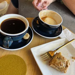Top notch Americano, oat milk latte &amp; signature scratch made butterscotch &amp; pecan scone.