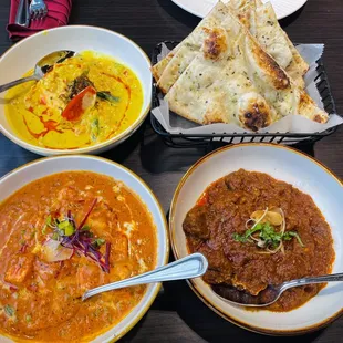 Top left: Madras Fish Curry
 Top right: Rosemary Garlic Naan
 Bottom Left: Peshawari Kadhai Paneer
 Bottom right: Champaran Lamb Curry