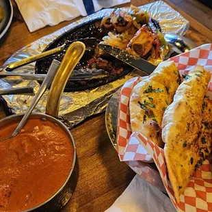 All of the good stuff. Naan bread, mixed tandoori, and chicken Marsala.
