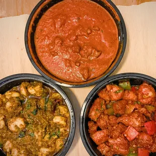 Shrimp Pepper Fry, Lamb Vindaloo, Chili Chicken