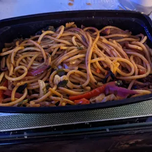 Vegetable noodles. Small portion, no real veggies. Spicy.