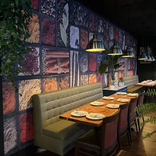 a dining area with a long table