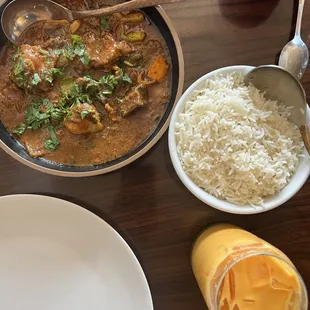 Goat curry, rice, mango lassi.