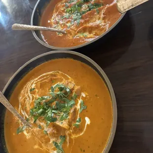 Butter chicken , samosas and chicken tika masala