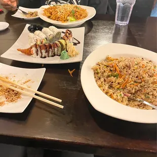Pad Thai Noodles, Fried Rice (veggie), Shrimp Tempura Roll, &amp; California Roll