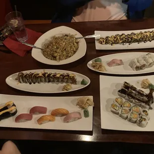 Fried Rice, Godzilla/Volcano/Spicy Tuna/Spicy Salmon/Yum Yum/Shrimp Tempura Rolls, Salmon/Tuna/Yellowtail Nigiri, Dumpling Soup