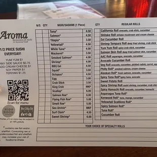 The most popular rolls and sashimi to hep place your order.