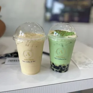 Durian milk tea (left) pandan milk tea (right)