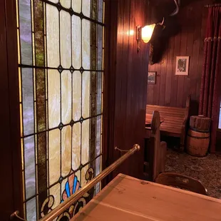 stained glass window in a bar