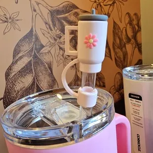 Straw Toppers and cold cups! Keeps your beverage cold for 24 hrs and hot for 9 hours.