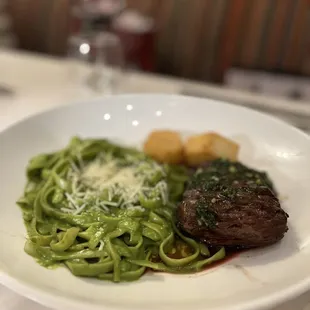 Pesto Pasta with Steak (Fettuccini in a traditional Pesto sauce with Churrasco)