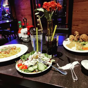 The Cajun pene pasta, fried chicken and a garden salad. Yum.