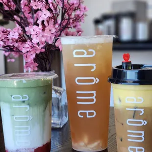 Strawberry matcha latte (left), lychee paradise (middle), egg coffee (right)