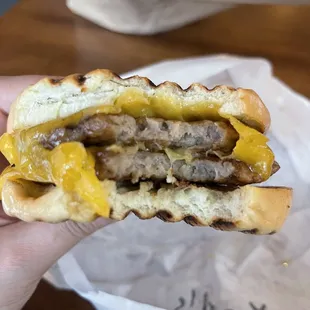 Karl&apos;s favorite breakfast sandwich $7.95 2 sausage patties, cheese grilled in a bagel.
